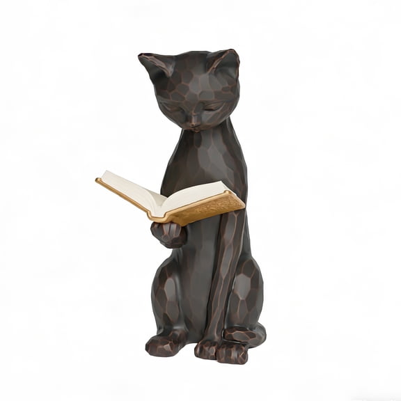 Resin Cat Figurine Reading Book Statue, Cute Cat Sculpture for Home Decor, Desk Accent, Shelf Display
