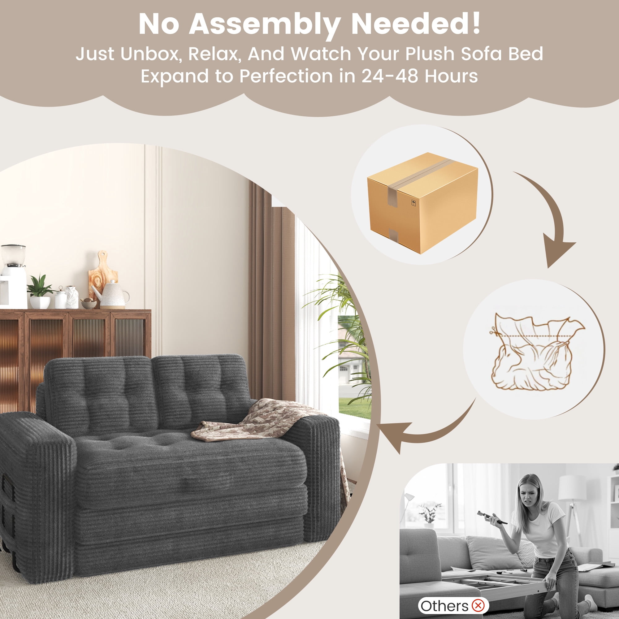 Erinnyees 2-in-1 Sleeper Sofa, No Assembly Corduroy Loveseat, Converts to Bed with Deep Seat & 2 Included Pillows