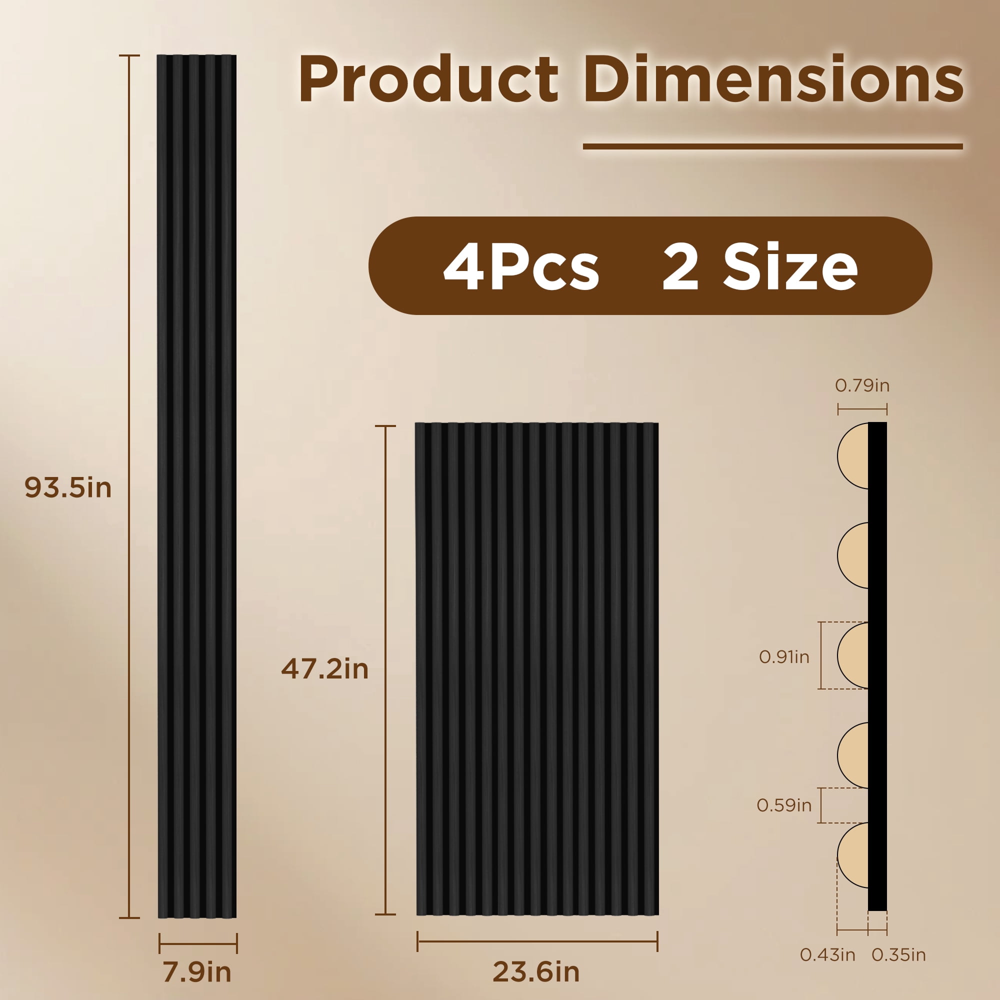 FRMALL Half-Round Acoustic Wood Slat Wall Panels, 4-Pack, 47" x 24" Soundproof 3D Decorative Wall Panels, Fluted Design, Black