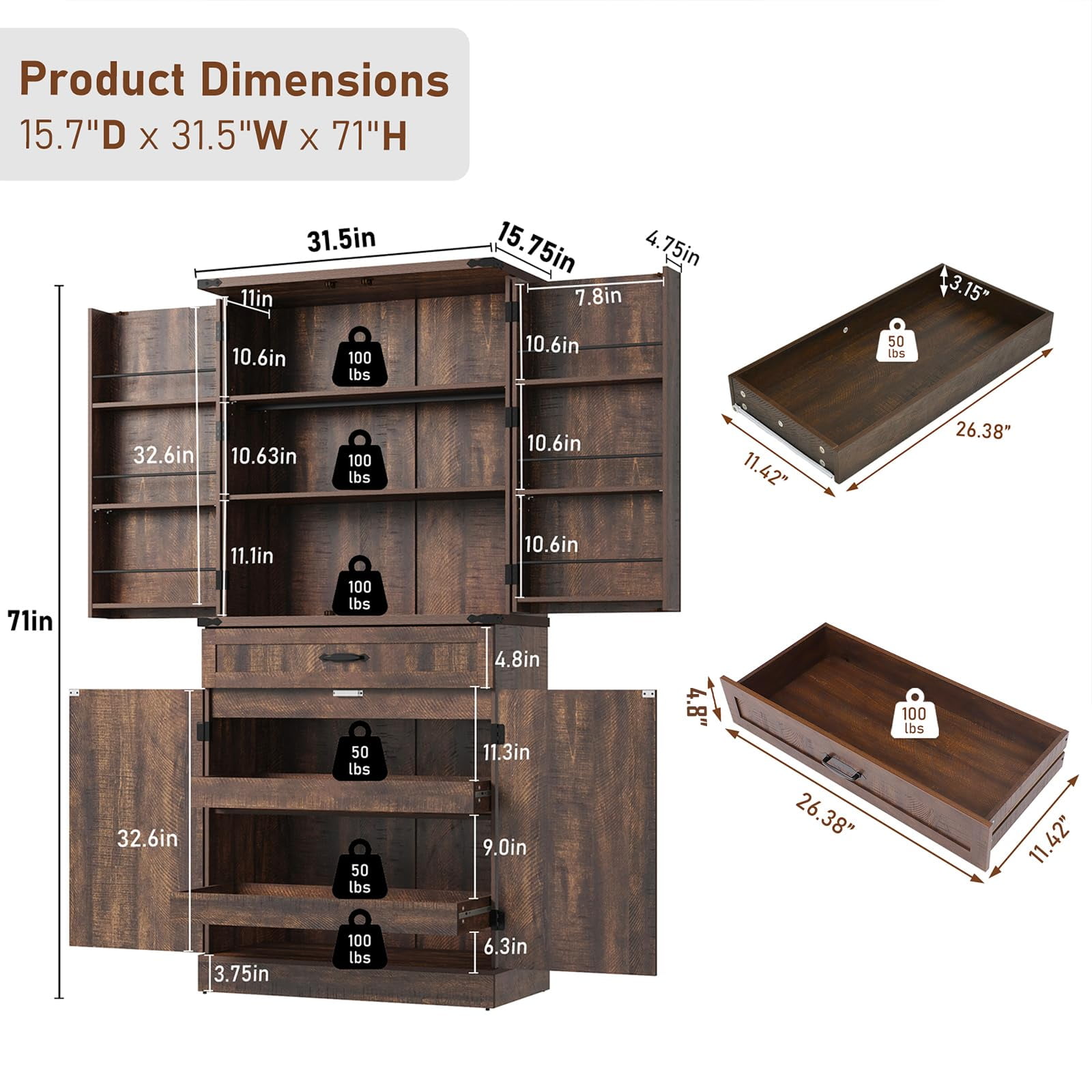 71" Tall Farmhouse Kitchen Pantry Cabinet with 6 Side Shelves & 3 Storage Drawer, Multifunctional Pantry Organizer with Adjustable Shelves & Load-Bearing Steel Pipe for Kitchen,Living Room, Brown