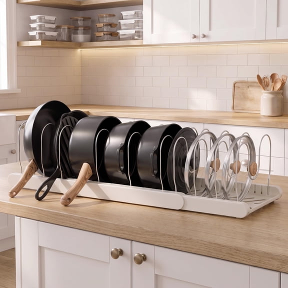 Delamu Pot and Pan Organizer with 10 Adjustable Shelves, Expandable Multifunctional Pots and Pans Rack for Kitchen Cabinets, Pot Rack Lid Holder, 1pack