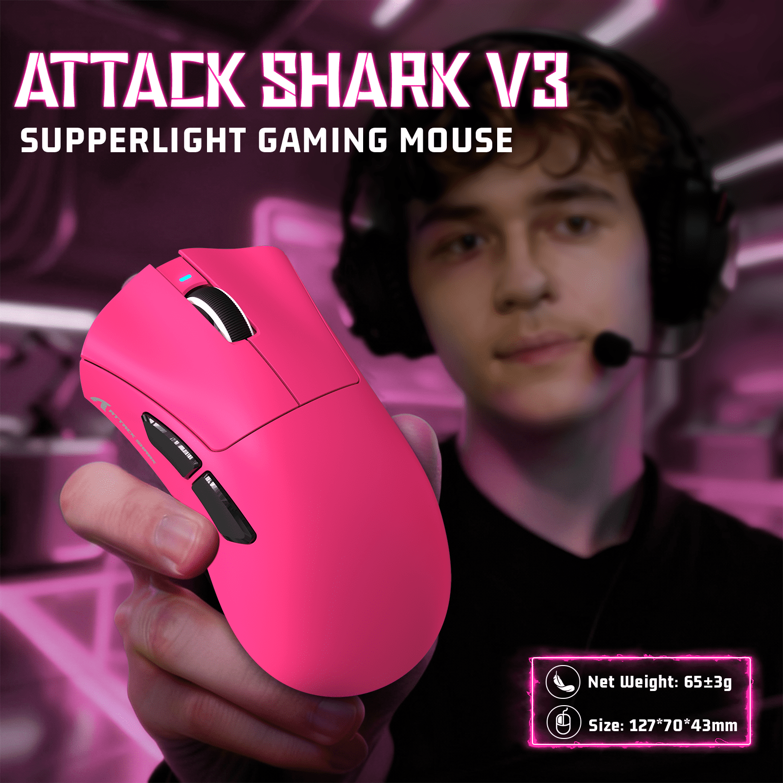 ATTACK SHARK V3 Wireless Gaming Mouse, Tri-Mode 2.4G/USB-C Wired/Bluetooth, PAW3311 Sensor, 25000 DPI, 62g Ultra-Lightweight Design, 500mAh Battery, Berry