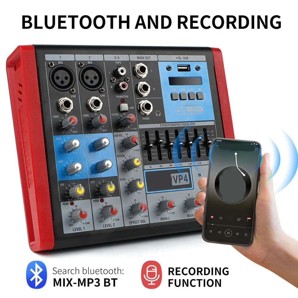 VP-4 Professional 4 Channels Mixer DJ Controller with Bluetooth USB Interface for Stage Studio