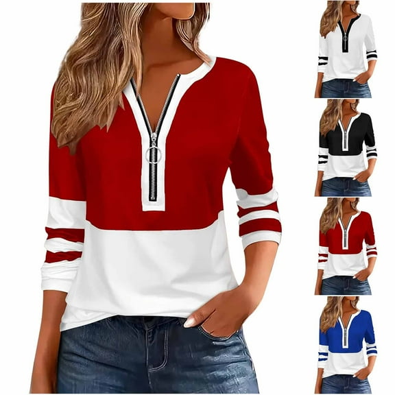 Nfurl Womens Fashion Color Block Shirts Casual Half Zip Long Sleeve Tops Loose Fit Going Out Top Fall Colthes Red L