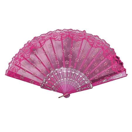 

wendunide Household Electric Appliances Chinese Style Dance Wedding Party Lace Silk Folding Hand Held Flower Fan Hot Pink