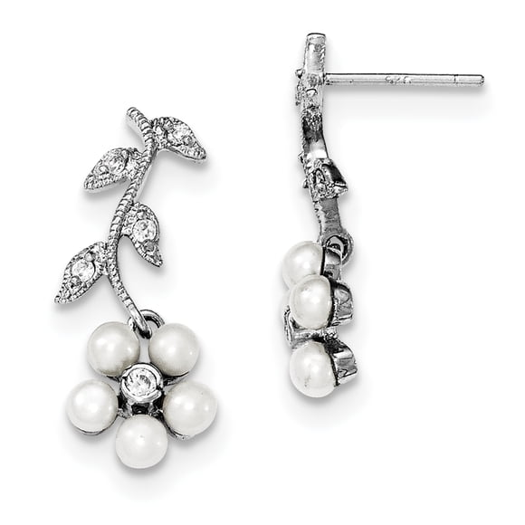 Sterling Silver Rhodium FW Cultured Pearl CZ Post Earrings QE4334