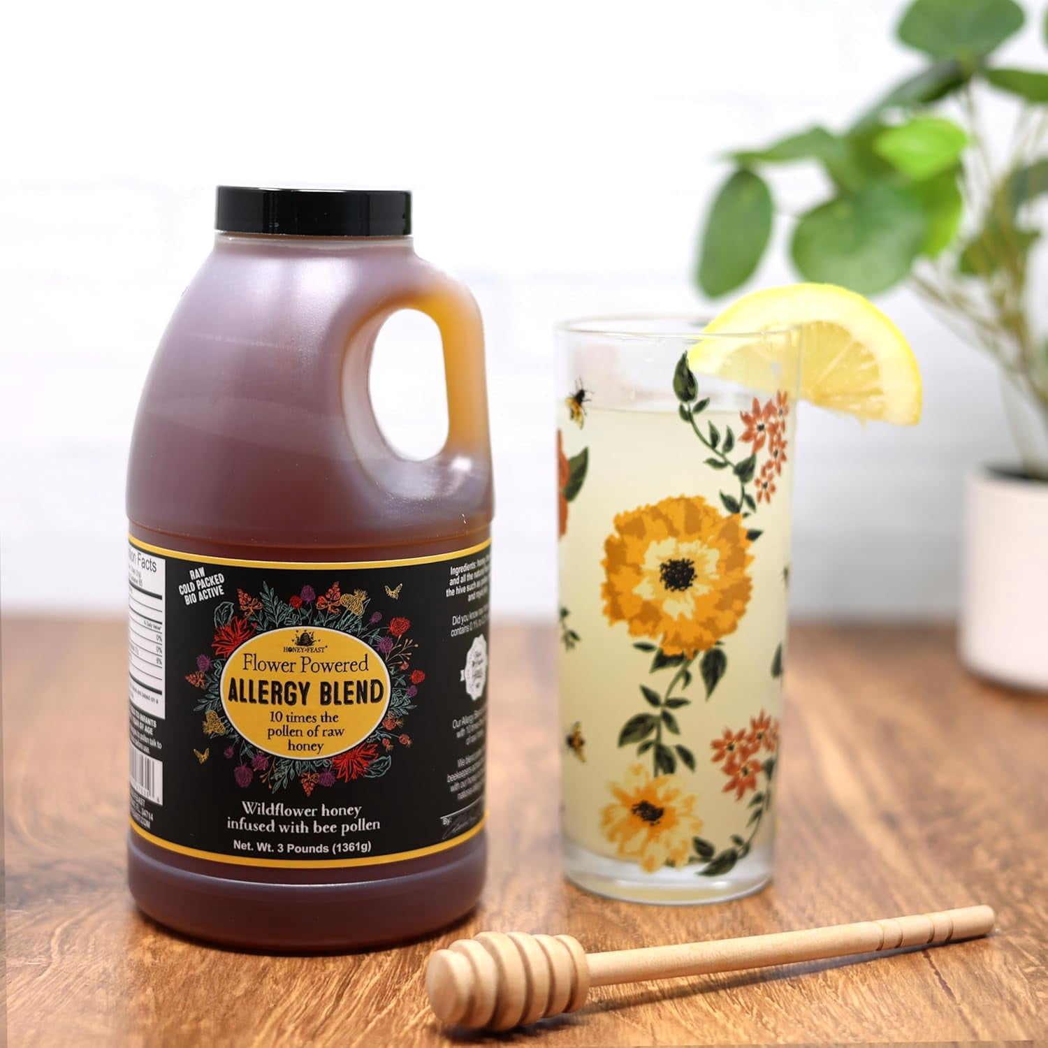 HONEY FEAST 3 Pounds Allergy Blend Honey - Premium American Honey, Floridian Origin, Raw & Unfiltered, Enhanced Pollen Content, Beekeeper Crafted in Central Florida Apiary