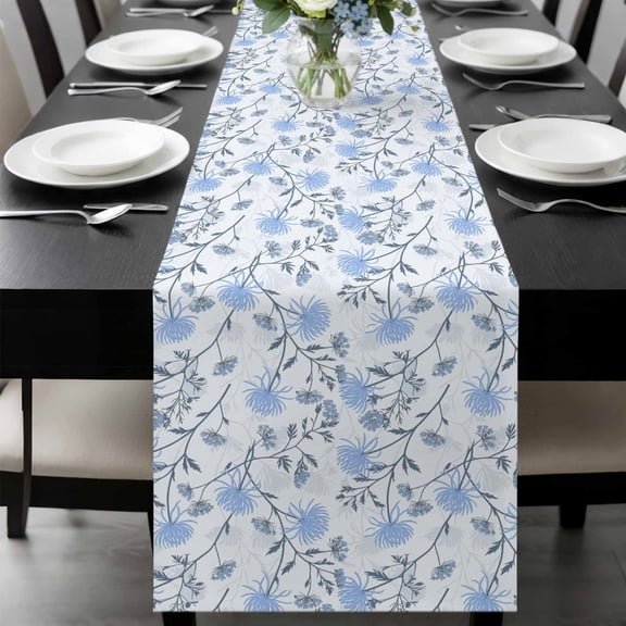 Blue Spring Floral Table Runner 108 Inches Long, Flowers Leaves Pastoral Botanical Kitchen Coffee Dining Table Decoration for Home Party Birthday Wedding Home Decor 13x108 Inches