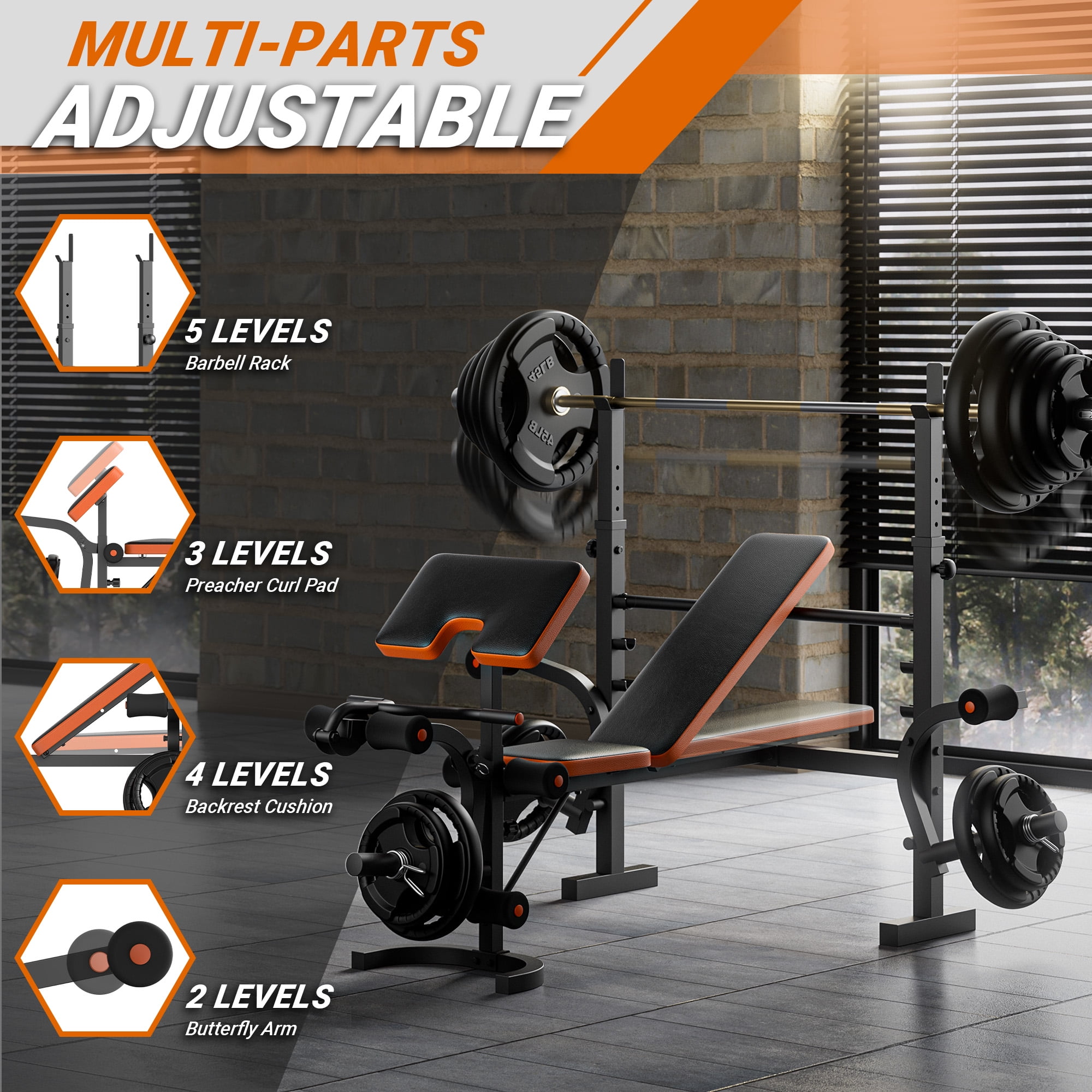 GIKPAL 6-in-1 Multi-Purpose Adjustable Weight Bench Workout Bench Set with 70lb(10lb*2+25lb*2) Weight Plates