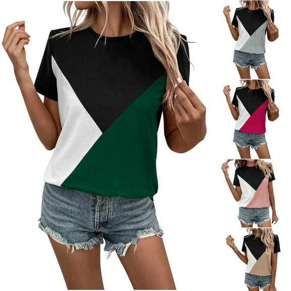 Fesfesfes Womens Shirts Casual Fashion Women's Short Sleeve Round-Neck Solid Casual Elastic Comfy Blouse Shirts Womens Tops S(US:4)