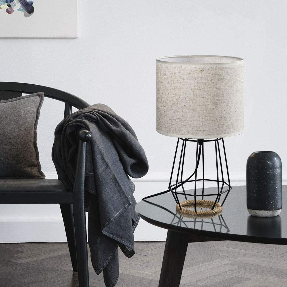 Farmhouse Table Lamp Basket Cage Style Black Chrome Metal Base with Linen Fabric Shade