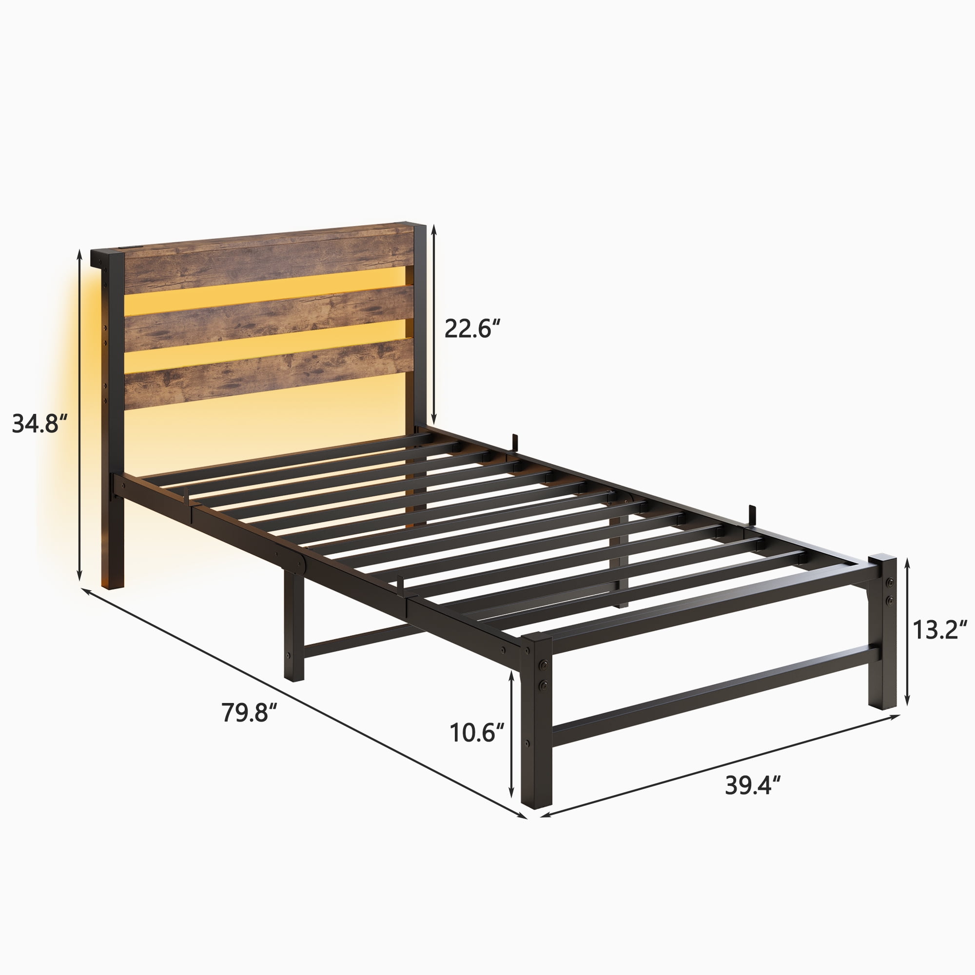 Yoneston Twin Size Bed Frame with LED Night Storage Headboard and USB Charging Station, 11" Black Duty Metal Platform Bed for Kids Childs Teens