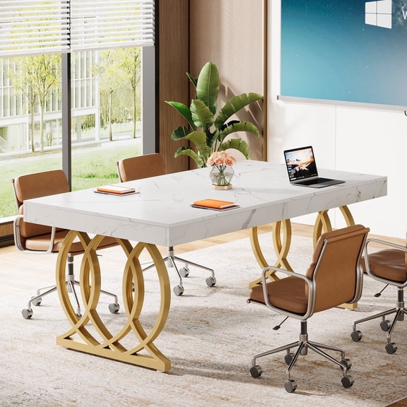 Tribesigns 5 ft Conference Table for 4 to 6, 63-inch Rectangle Meeting Table Modern Computer Desk with Metal Base, White and Gold