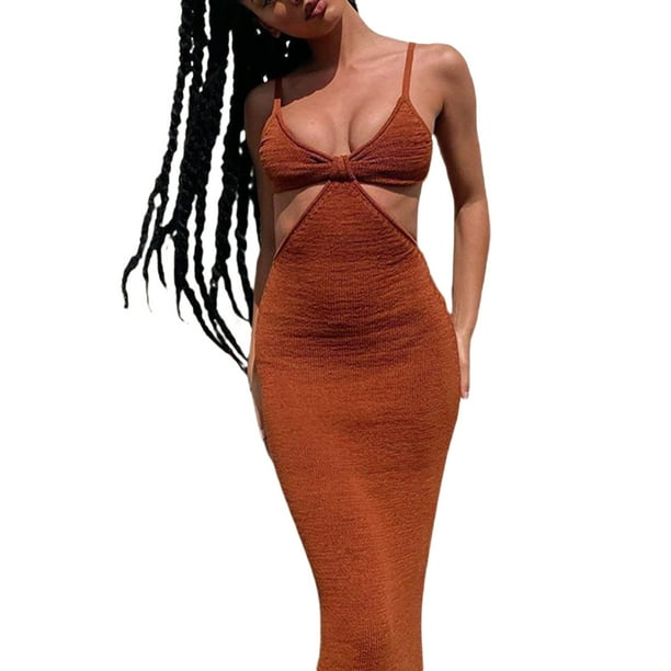 Txlixc Vestido largo con tirantes sexy para mujer Vestido ajustado de cintura alta sin espalda hueca Txlixc Moda