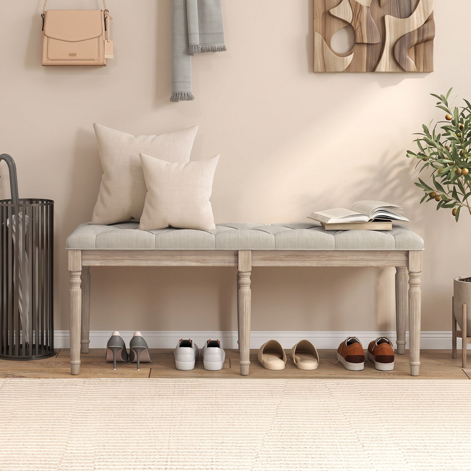 Furnibear 47.5 Inch Upholstered Bench with Button Tufted Padded Linen Seat and Carved Rubber Wood Legs for Bedroom, Beige