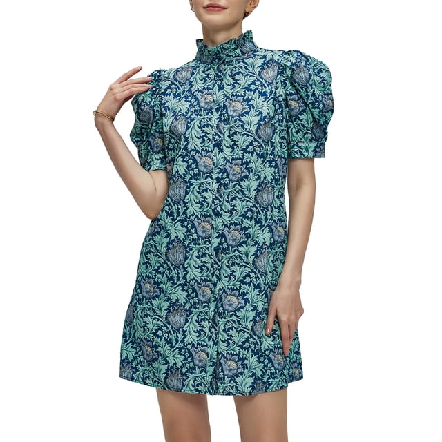 Vestido Ladyful Summer Floral de manga corta con botones azules para mujer