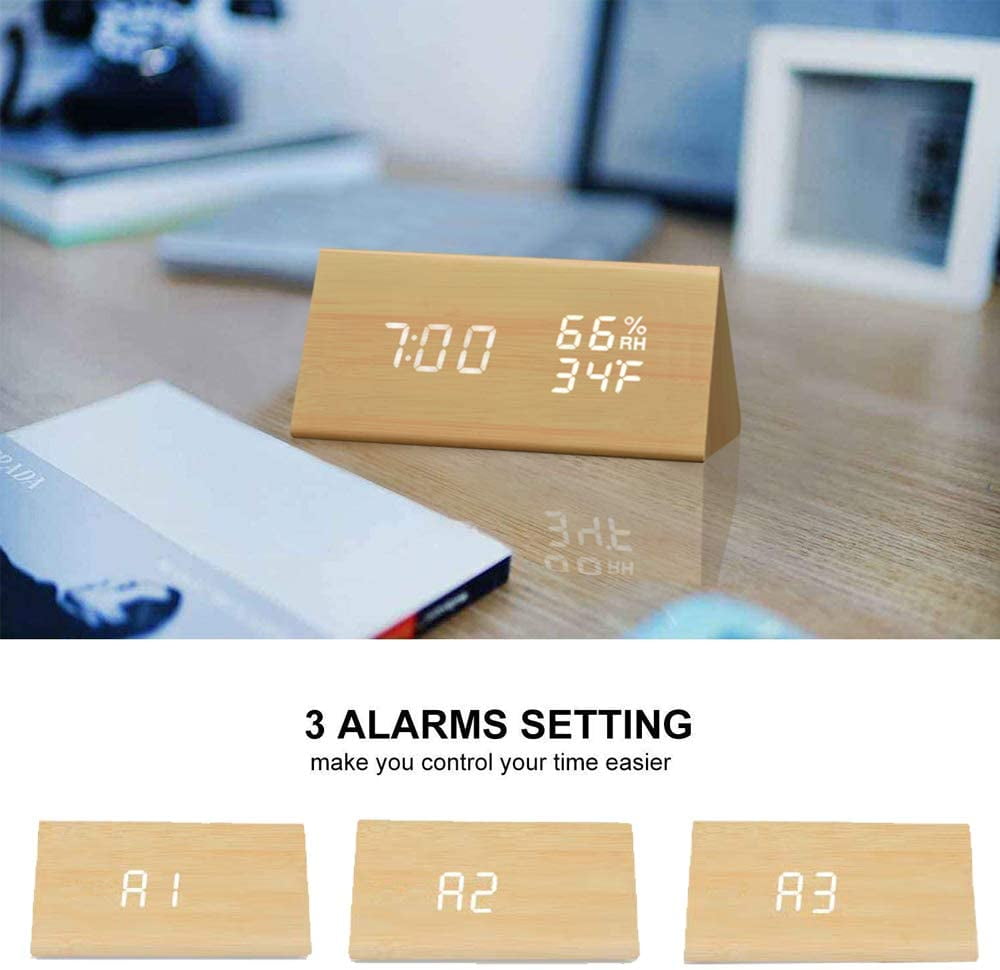 Digital Alarm Clock, with Wooden Electronic LED Time Display, 3 Alarm Settings, Humidity
