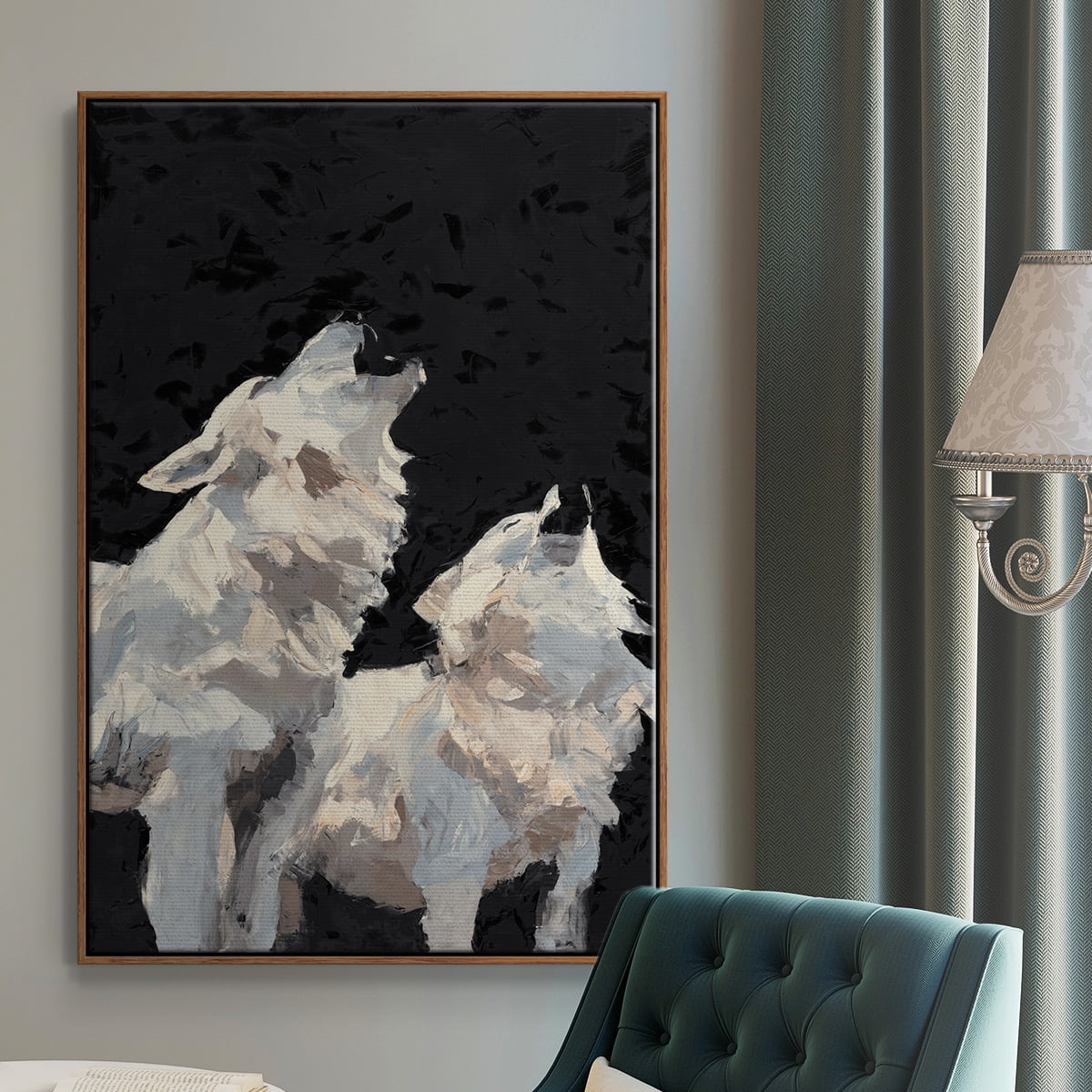 Midnight Wolves Framed Premium Gallery Wrapped Canvas - Ready to Hang - 17 x 25 - Walnut Floating Frame