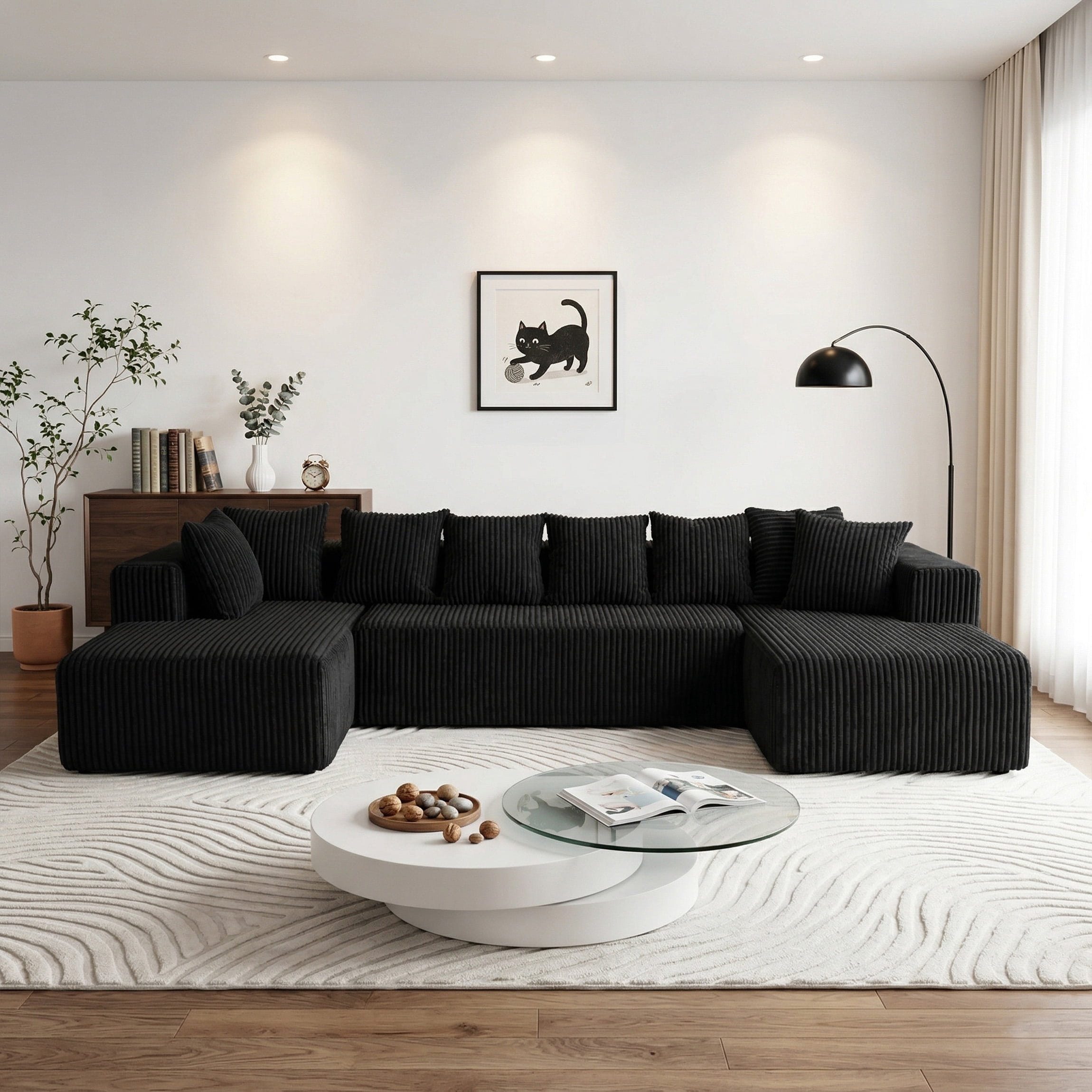 SEENYOO 130" Boneless Sectional Sofa, Cloud Couches for Living Room, U-Shaped 4-Seat Modular Sofa with Chaise, Oversized, No Assembly, Black