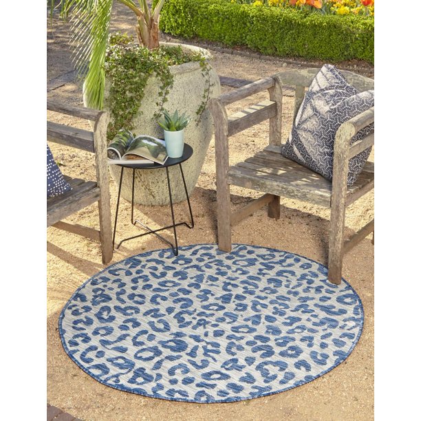 Unique Loom Leopard Indoor/Outdoor Safari Rug Blue/Gray 4' 1" Round