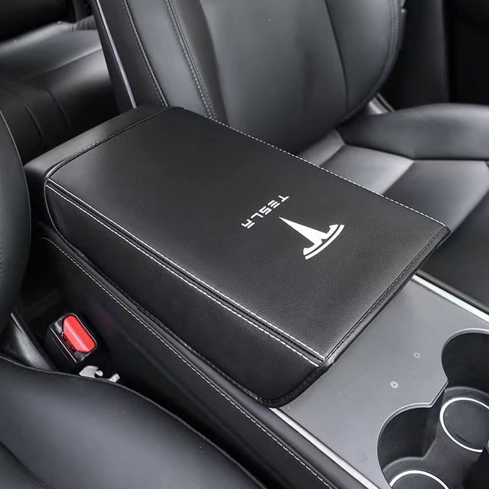 Center Console Cover for Tesla Model Y Model 3, Non-slip Armrest Cover for Tesla Model 3 Y Accessories, PU Leather Armrest Box Pad Protector (Black)