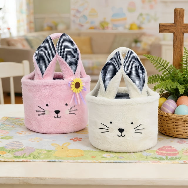 Easter Candy Basket Storage Basket Children Gift Animal Basket Holiday Portable Basket Cute Rabbit Design Personalized Easter Bucket for Kids Carrying Gift and Eggs (Pink)