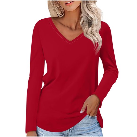 Timegard Womens Tops V-Neck Long Sleeve Basic Tee Solid Color Comfy Blouse Fall Casual Tunic Tops