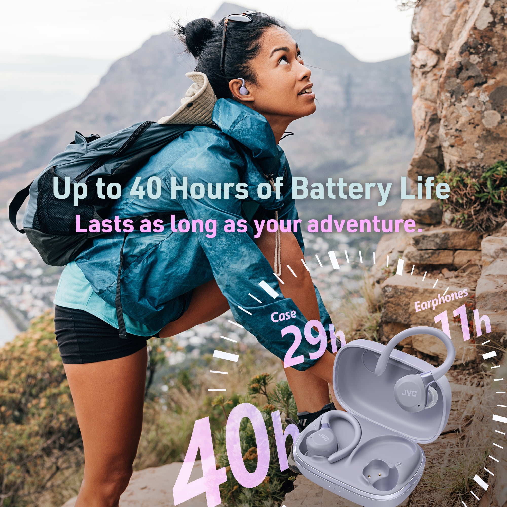 JVC Fitness Series True Wireless Sport Earbuds with Adjustable Hooks, Active Noise Cancelling, Ambient Sound Mode, IP57 Waterproof, 40hr Long Battery Life, App EQ, Low Latency, Mic