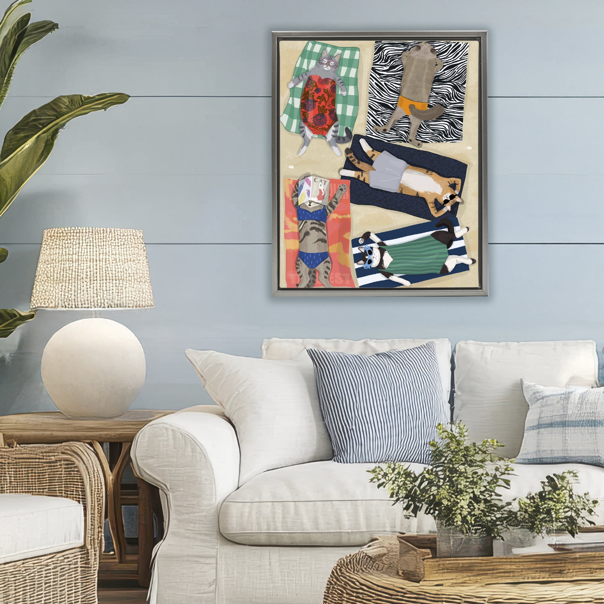 Stupell Industries Summer Sunbathing Cats Gray Framed Floater Canvas Wall Art, design by Hanna Melin