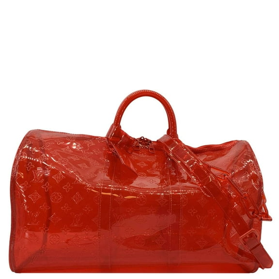 Pre-Owned LOUIS VUITTON Keepall 50 Bandouliere Transparent PVC Travel Bag Red