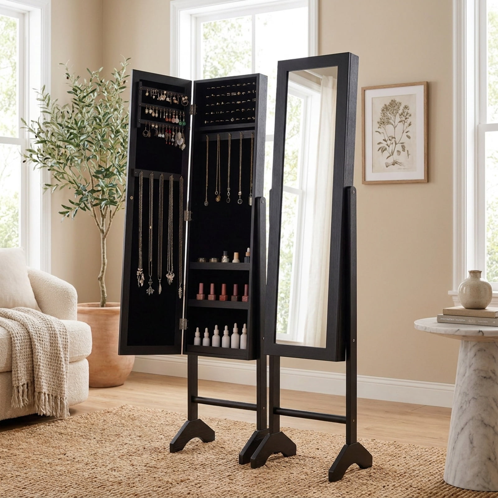 Furnibear Freestanding Jewelry Armoire with Velvet Lining and Full Length Mirror for Bedroom Dressing Room Jewelry Necklace Rings Storage, Black