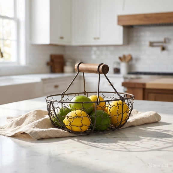 Tianfeng Home Decor Wire Basket With Wooden Handles Vintage Style Chicken Wire Egg Baskets Gathering Baskets With Wooden Handle Country Vintage Style Storage Baskets Home Textile Storage