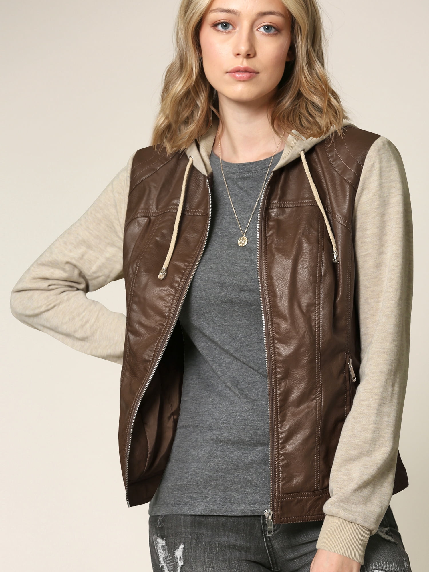 Made by Johnny Women's Faux Leather Zip Up Moto Biker Jacket with Hoodie S COFFEE_OATMEAL