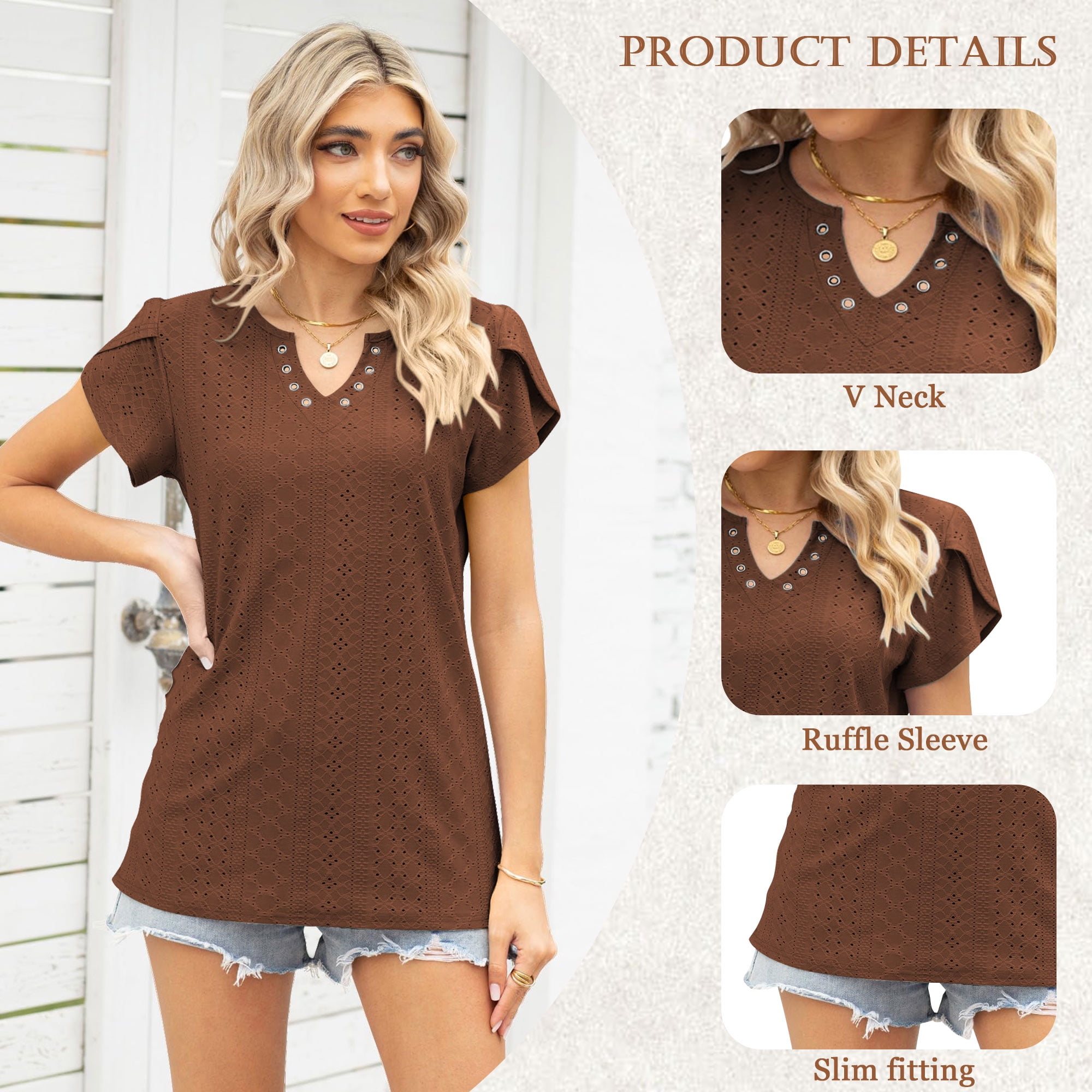 TEMOFON Womens Summer Tops Casual V Neck Tee Shirts Petal Sleeve Fashion Loose Blouses for Women Clothes Short Sleeve Shirts Dressy Tunic Tops