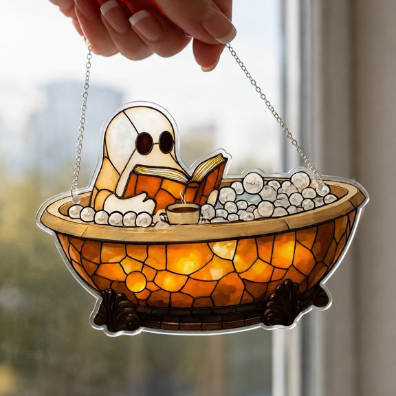 Stained Glass Suncatcher Cute Ghost Decor 8 Inch Hanging Halloween Decor Spooky Home Decor for Indoor Outdoor Fall Home Decor Aesthetic, 1 Pack