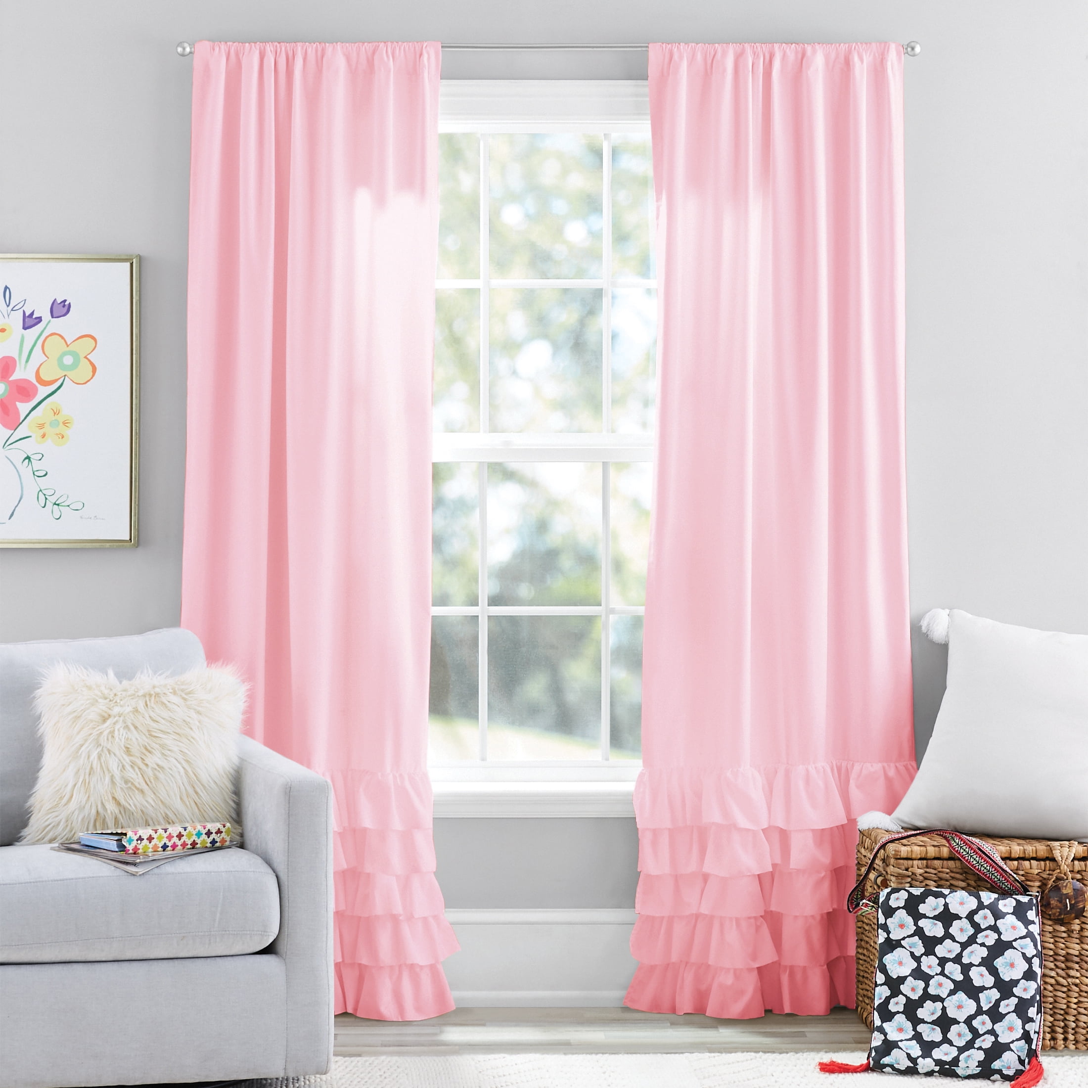 Your Zone Pink Ruffle Reversible Rod Pocket Blackout Curtain Panel 37 X 84 Com
