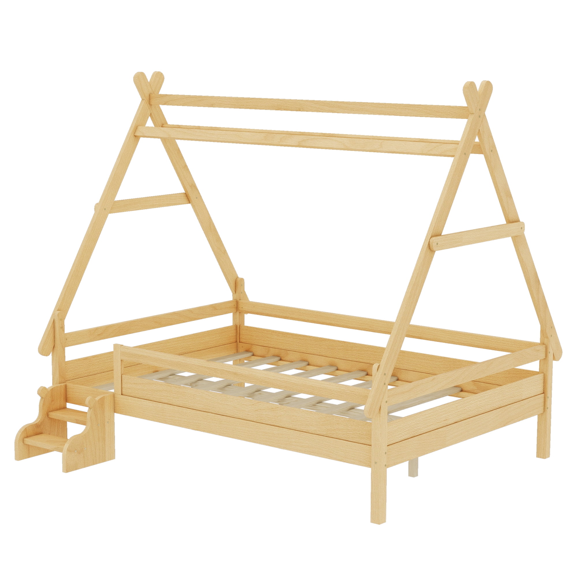 Miniyam Full House Platform Bed with Stairs, Solid Wood Kids Bed with Low Profile Design, Natural
