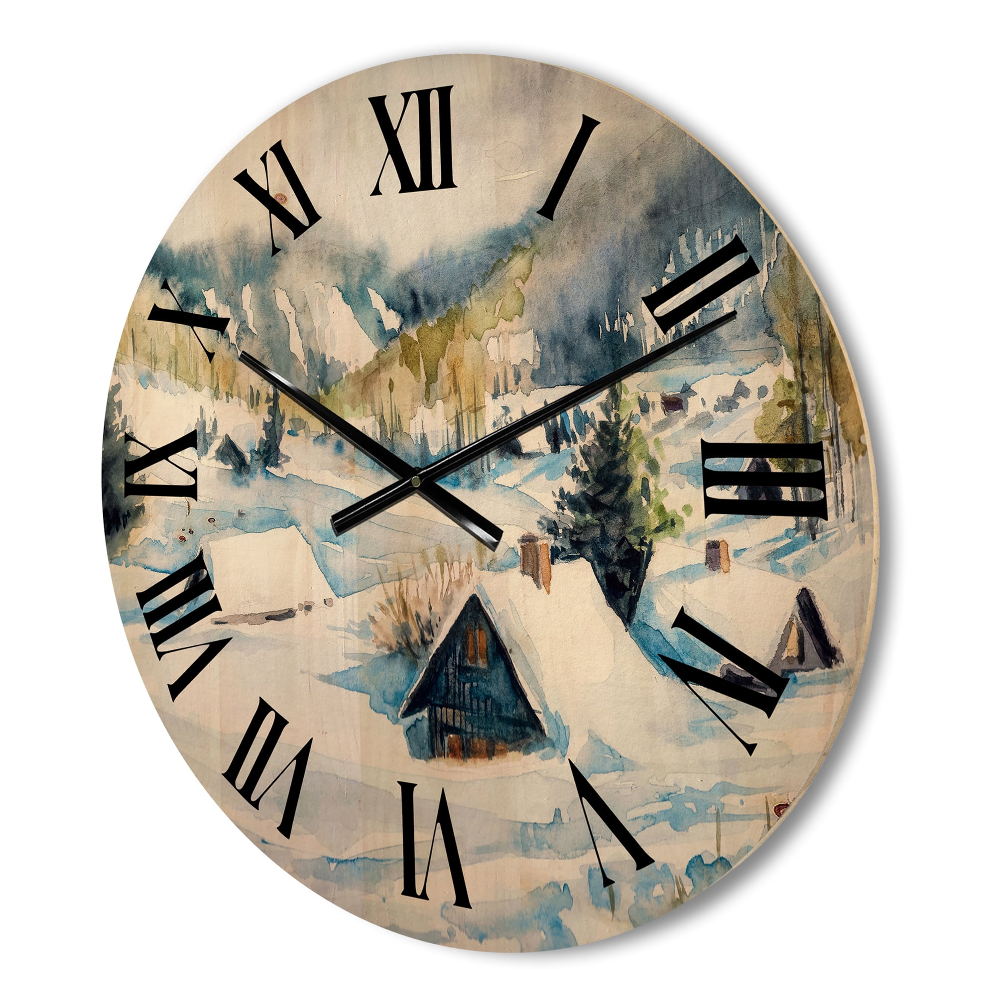 Designart 'Winter In Mountain Village' Traditional Wood Wall Clock