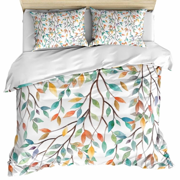 Teal Orange Eucalyptus Bedding 3 Piece Duvet Cover Set Queen Size, Weeping Botanical Leaves Soft Microfiber Comforter Cover with Zipper Closure & Pillowcases, Wrinkle & FadeResistant Quilt Cover