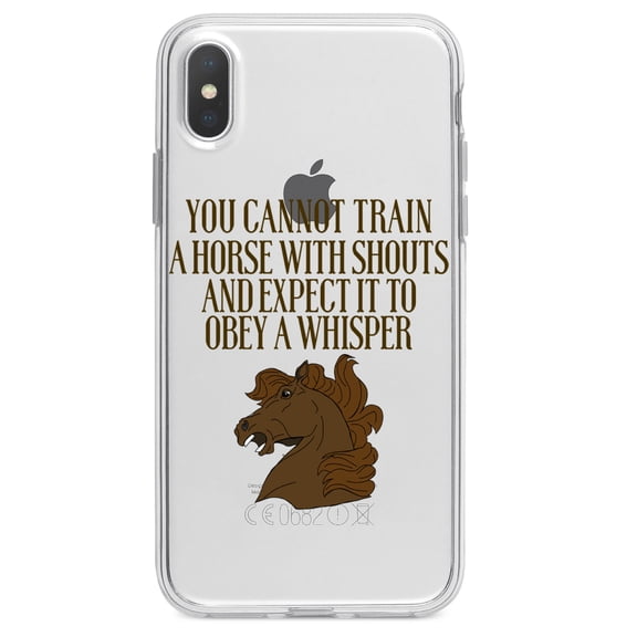 DistinctInk Clear Shockproof Hybrid Case for iPhone X / XS (5.8" Screen) - TPU Bumper Acrylic Back Tempered Glass Screen Protector - Can't Train Horse with Shouts & Expect Whisper