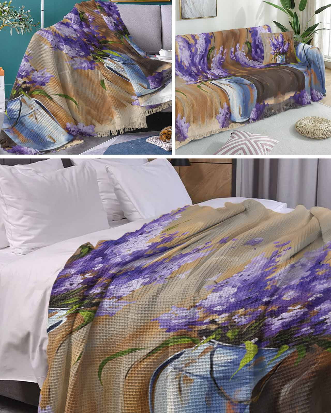 Purple Lavender Sofa Covers for 3 Cushion,Washable Couch Cover for Sectional Sofa Slipcovers with Tassel,Farmhouse Abstract Oil Painting Flower Loveseat Covers Futon Cover Throw Blanket 71''x118''