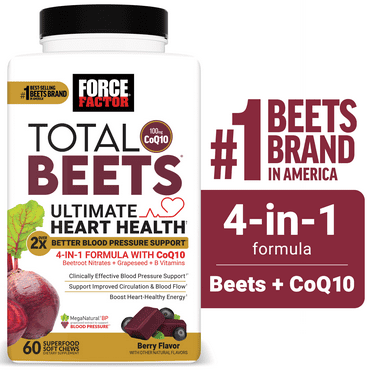 Total Beets Ultimate Heart Health Soft Chews, Blood Pressure Support Supplement with CoQ10, Beet Root Powder, & Grape Seed Extract, Beetroot Gummies Alternative, Berry, 60 Soft Chews by Force Factor