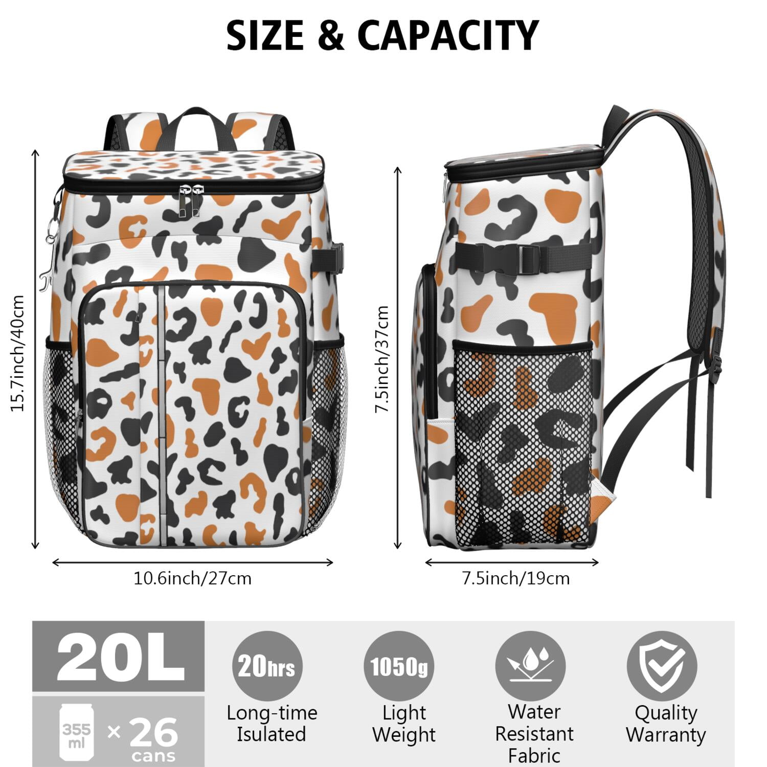 Travel Cooler Bag - White and Orange Of Leopard Print Camping Beer Cooler Backpack with Bottle Opener- Waterproof Insulated Picnic Backpacks - Cooler Bag for Beach