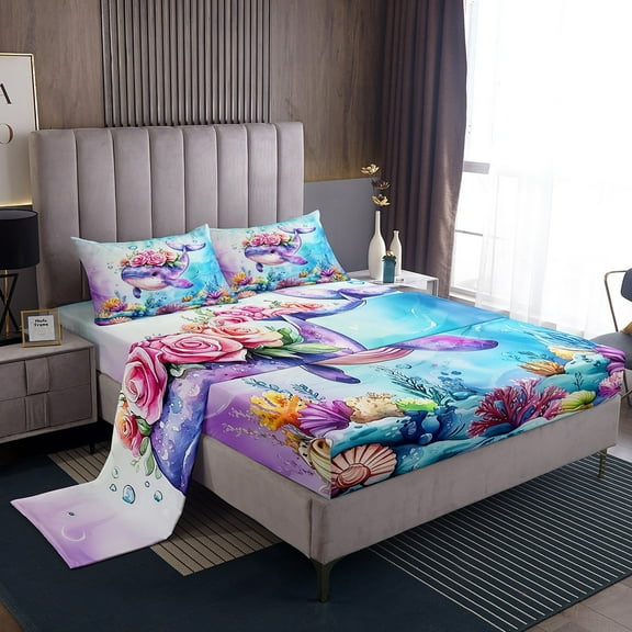 Erosebridal Sealife Whale Sheet Set Twin,Marine Animal Bedding Sets Twin Size,Uderwater World Decor,Breathable,3pcs