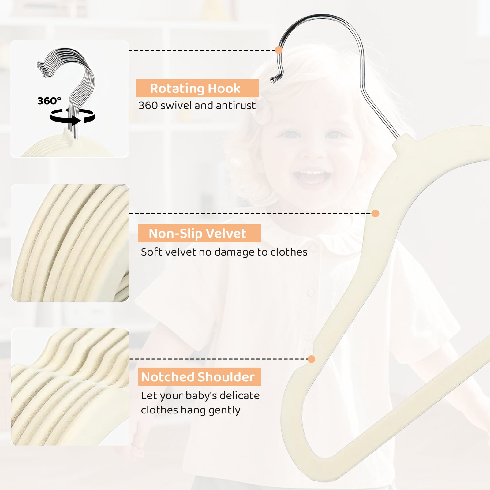 Allhall 30 Pack Velvet Baby Hangers, 11" Ultra-Slim Kids Clothes Hangers with 10 Clips, Non-Slip Felt, Space-Saving Nursery and Infant Closet Organizer