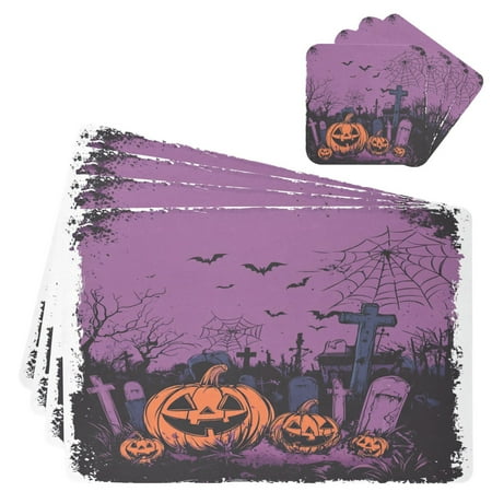 

Wobogo Halloween Night Background with Spooky Pumpkins Placemats Coasters Set of 4 Heat-resistant Non-slip Easy to Clean Square Dinner Plate Mat