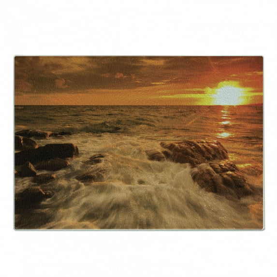 Seascape Cutting Board, Exotic Ocean with Waves on Rocks Panorama in Sunset Time Tangerine Tones Sky, Decorative Tempered Glass Cutting and Serving Board, in 3 Sizes, by Ambesonne