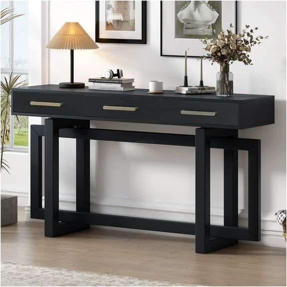 JERFIT Modern Extra Long Console Table with 3 Drawers, Black Sofa Table for Entryway, Hallway & Living Room, Sturdy MDF Foyer Table with Iron Handles