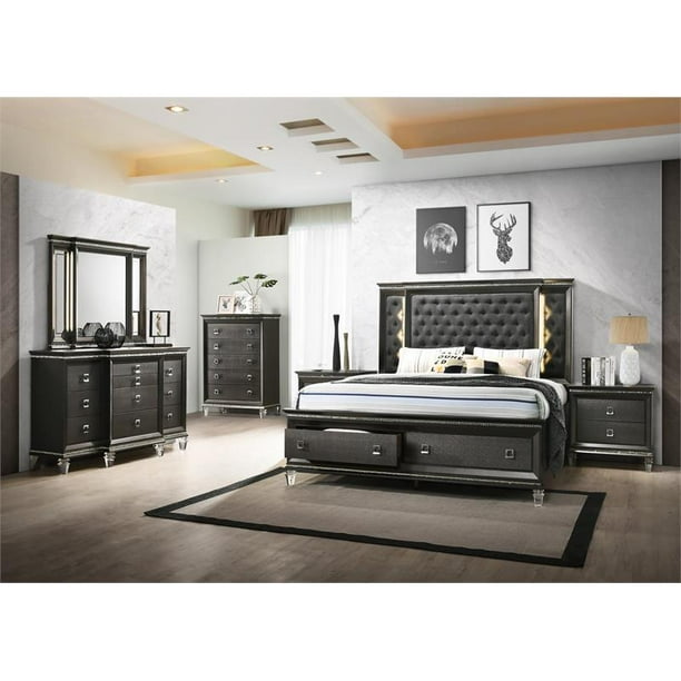 Lavish 6 Piece Gray Bedroom Set with Light up Headboard in Queen