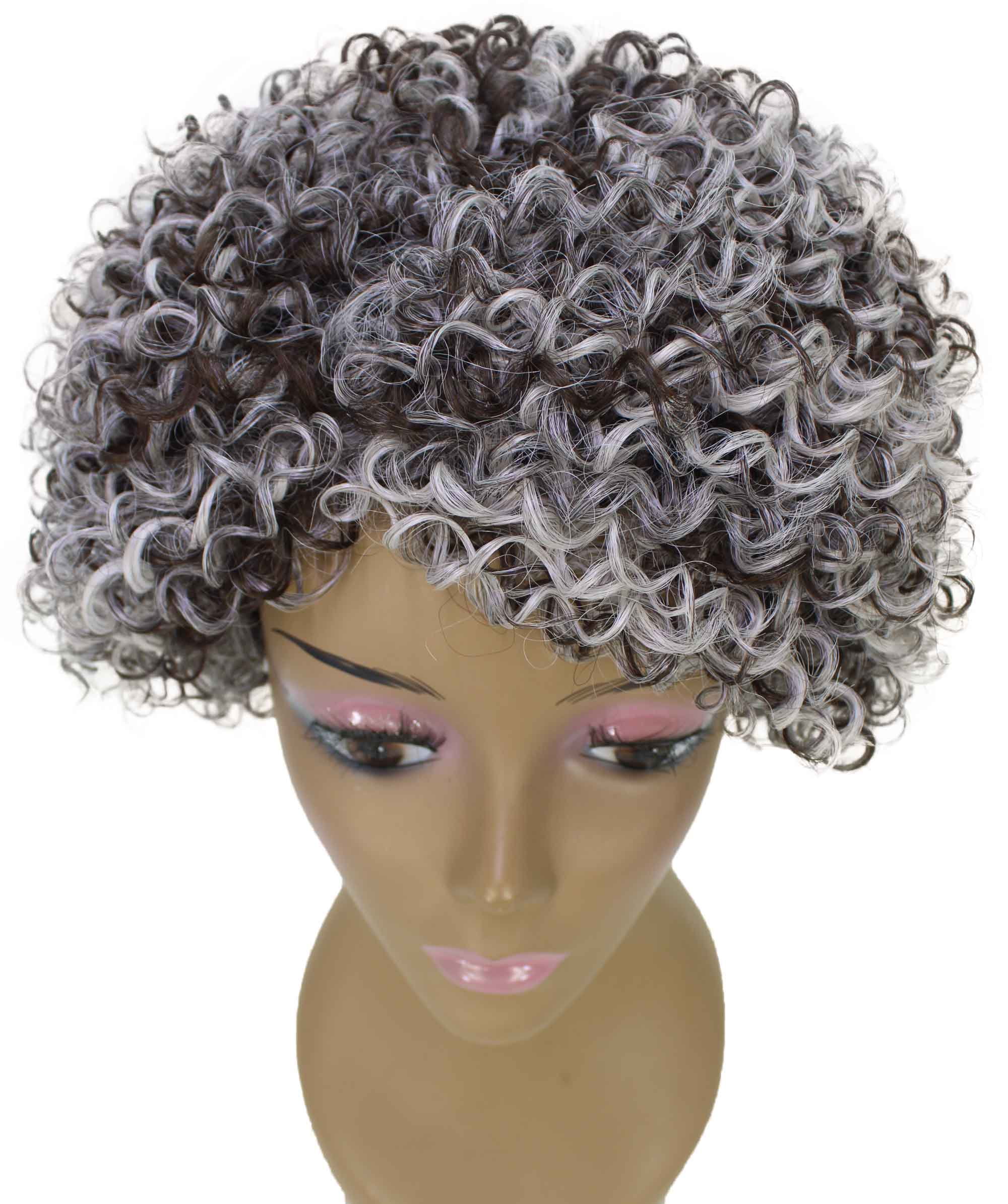 LUXLUXE Leila Curly Kinky 10 in Long Full Wig No Lace Wig, Heat Resistant Fibers, Charcoal Mixed Gray Color